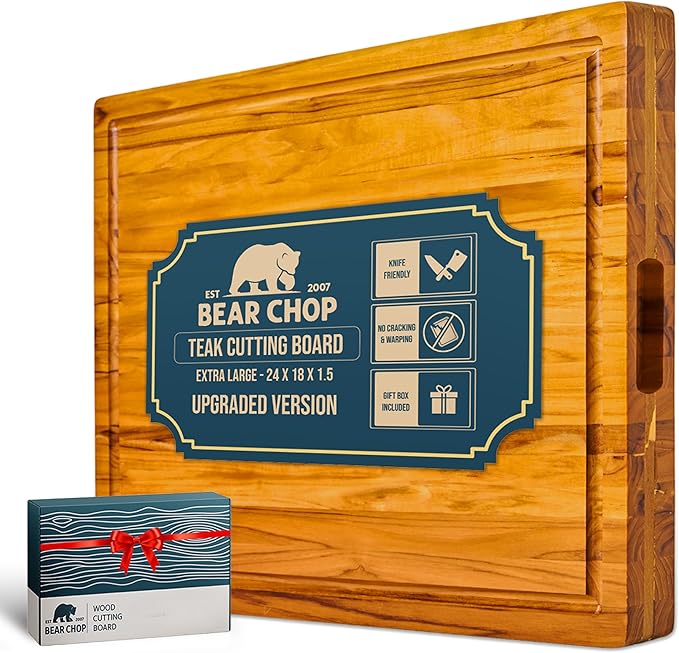 Bearchop Teak Cutting Boards for Kitchen, [24" x 18" x 1.5"] Extra Large Edge Grain Cutting Boards, Solid Teak Wood Butcher Block Cutting Board with Juice Grooves, Handle,Knife Friendly and Reversible