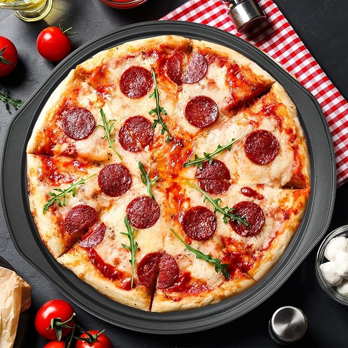 BSDLZCH 13 Inch Pizza Pan for Oven, 2 Pack Round Pizza Pan with Holes Non-sticking Carbon Steel Pizza Tray with Handles Pizza Baking Pan for Cooking and Grilling Oven Safe