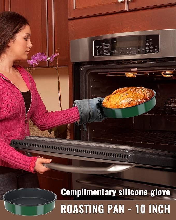 Round Pizza Cake Baking Pan Bread Roasting Dish 10 Inch Non-Stick Enamel Cookware for Cookie Pie Fish Roasts, Non-Toxic Carbon Steel Oven Dishwasher Safe Christmas Party Gift for Mother Bakeware