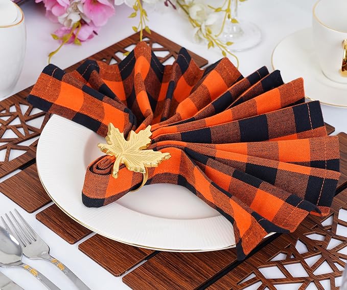 Blue Needles Gingham Buffalo Plaid Cloth Napkins 100% Cotton Set of 12 Dinner Table Napkins 18x18 inch Soft, Reusable, Washable Perfect for Wedding Parties & Everyday Use - Orange and Black