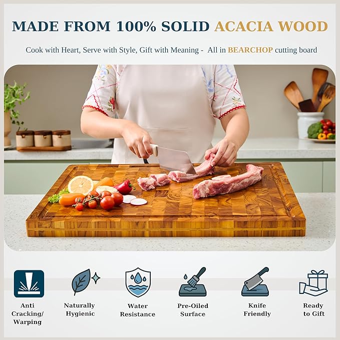 Bearchop Acacia Wood Cutting Board for Kitchen, Butcher Block with 4-Side Reinforced Bar for Anti Crack/Warp, [24"x18"x1.25"] Extra Large End Grain Cutting Boards with Gift Box, Juice Groove, Handle
