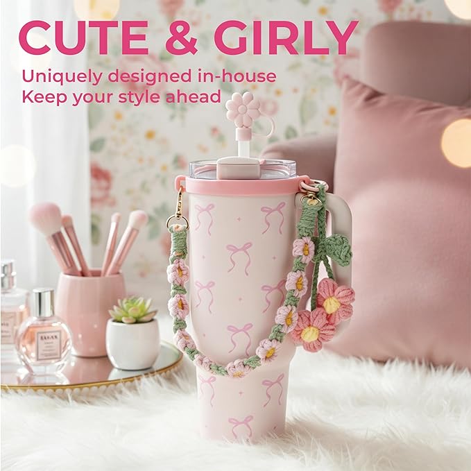 Stanley Cup Accessories Set for 40/30 oz Tumbler, Including Handle Strap, Silicone Straw Topper Cover, Ctue Charm, Original Bow Sticker, Cute Birthday Gifts for Women Her Mom Daughter