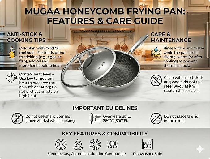 12” Non-Stick Stainless Steel Frying Pan with Lid | Honeycomb Hybrid Skillet for Induction, Gas & Electric Stovetops | Oven Safe, Dishwasher Safe | Premium Gift Packaging