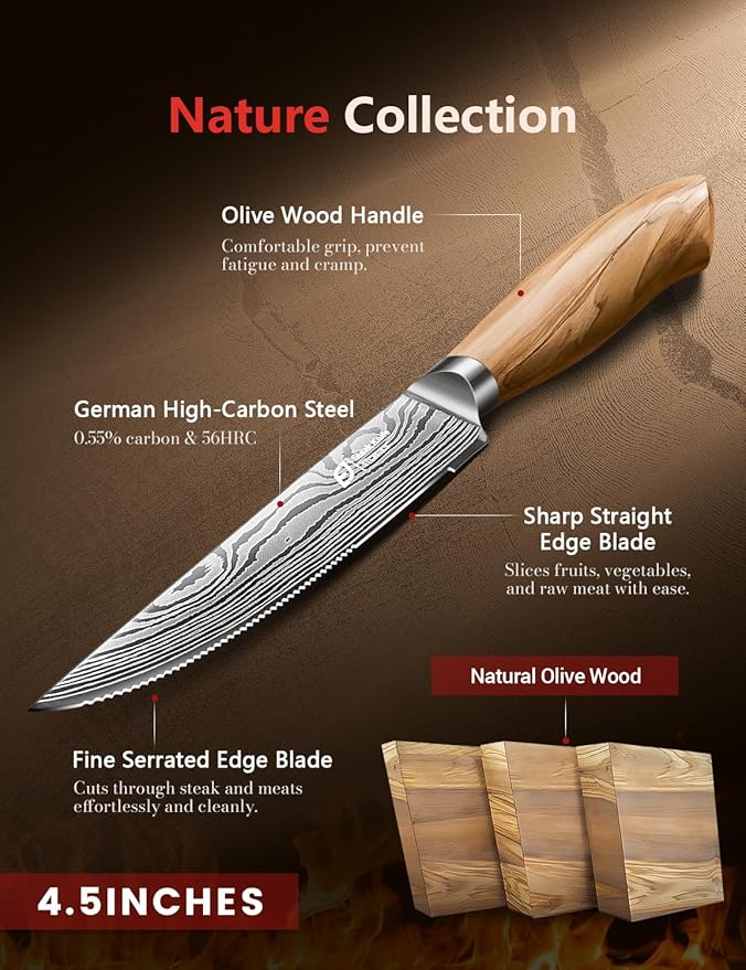 Emojoy Steak Knives Set of 6, 4.5 Inches Serrated Steak Knife Set, German Stainless Steel Kitchen Steak Knives with Original Olive Wood Handle and Wooden Gift Box
