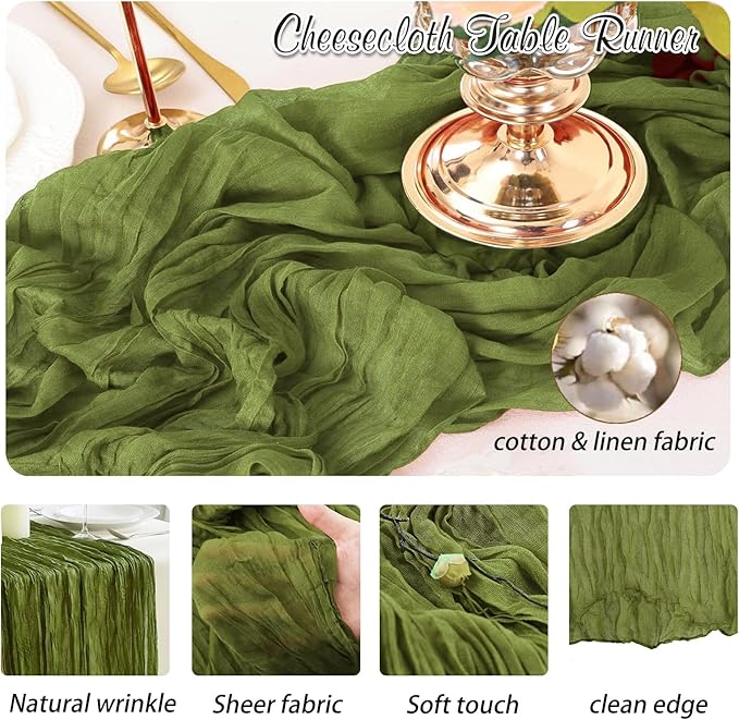 Olive Green Cheesecloth Table Runner 1 Pack 35" Boho Gauze 120 inches Long Runner Rustic Sheer Fabric Bulk for Baby Shower Wedding Bridal Birthday Party Table Decorations