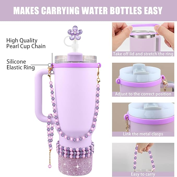 9PCS Purple of Stanley Cup Accessories Set 30/40 OZ Bling Pearl Rhinestones Charms for Stanley Decorations Tumbler Accessories Including Flower Straw Topper, Rhinestones Boot 30/40 OZ