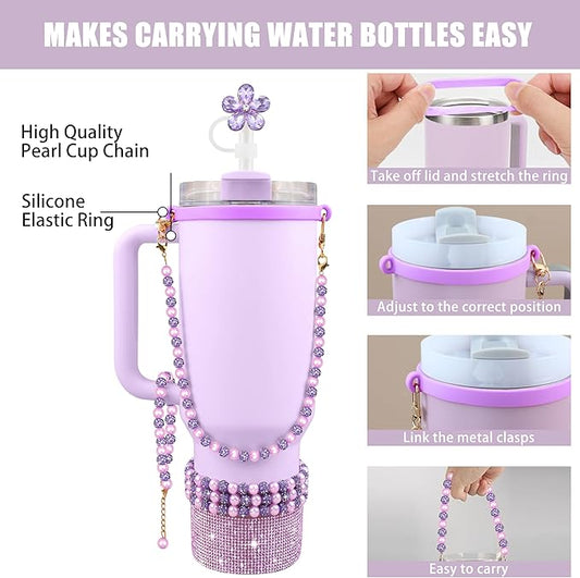 9PCS Purple of Stanley Cup Accessories Set 30/40 OZ Bling Pearl Rhinestones Charms for Stanley Decorations Tumbler Accessories Including Flower Straw Topper, Rhinestones Boot 30/40 OZ