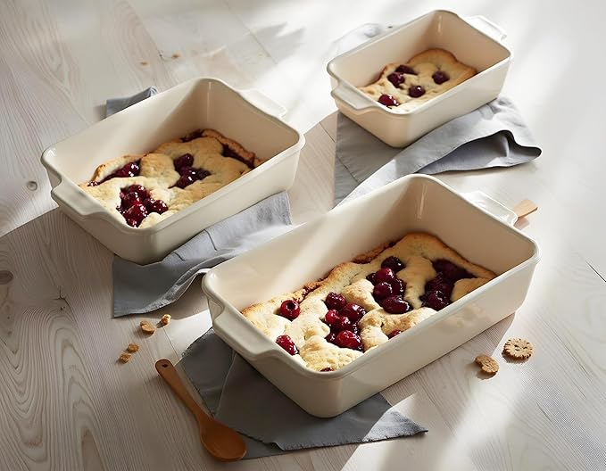Kook Casserole Dish, Ceramic Baking Dish, Large Lasagna Pan Deep for Oven, 8.5 x 14, 11 x 7, 8 x 5, Set of 3, 92oz, 50oz, 20oz, Baking Pan with Handles, Oven Safe and Durable, Home, Gift, (Cream)