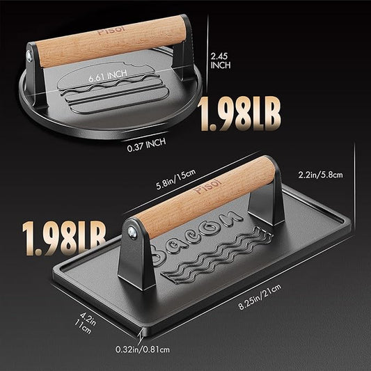 Pisol Smash Burger Press (2PCS), Pre-Seasoned Cast Iron Hamburger Smasher, Heavy-Duty Bacon Grill Press Tool with Wood Handle, (Round & Rectangle)