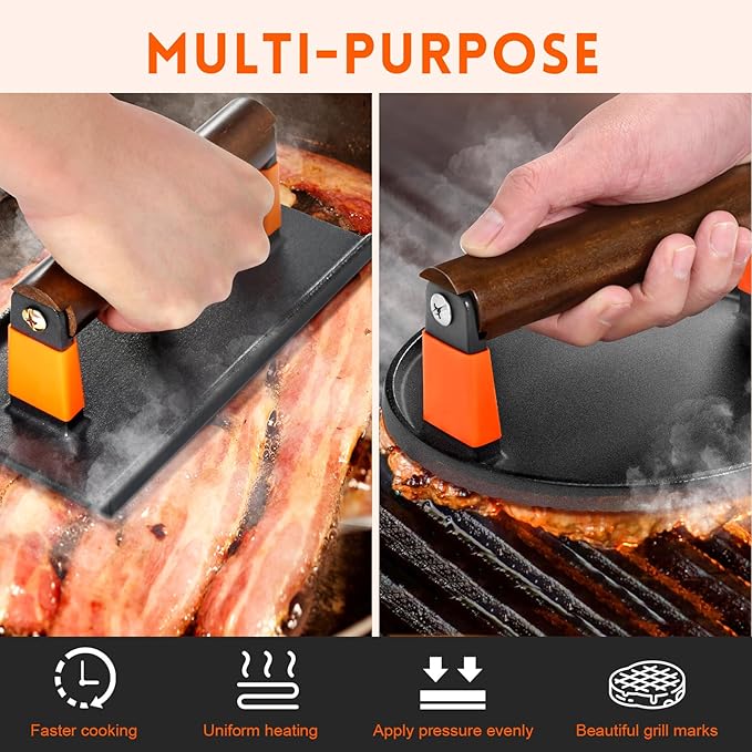 GGC Cast Iron Burger Press Kit, 7" Round and 8"x4" Rectangle Smash Burger Press Set for Grill and Griddle Cooking, 2PCS Meat Press with Wooden Handle for Bacon, Hamburgers, Eggs, Sandwiches