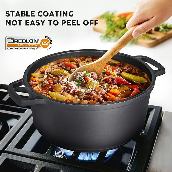 INSETFY Nonstick Dutch Oven Pot with Lid-5 QT Cast Aluminum Oven Pot with Two Handles Lightweight for Bread Baking Braising and Roasting(Black)
