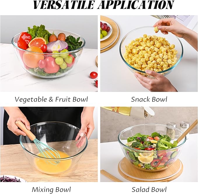 LOVYANXUE 10.6" Glass Salad Bowl with Sealed Lid, 4.7 Quart Large Capacity Serving and Mixing Bowls with Utensils, Versatile Serving Dish for Salads, Trifle, Fruits, Pasta, Microwave Safe