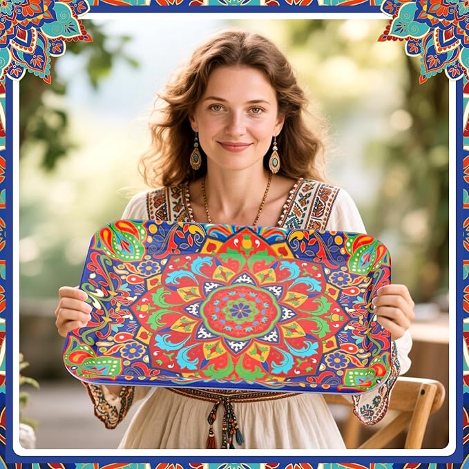 Vesici 4 Pack Mandala Melamine Serving Trays, 13 x 10 Inch Rectangular Decorative Platters with Colorful Bohemian Patterns, Durable Serving Plates for Snacks, Appetizers, Parties & Home Decoration