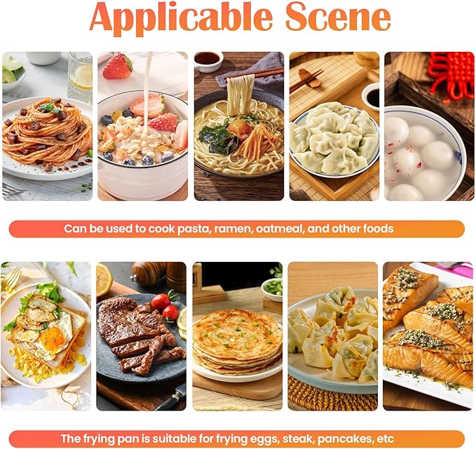 Portable Electric Hot Pot,500W Mini Electric Cooker w/Foldable Handles & Steamer,Non-stick Frying Pan,Multi-Functional Ramen Noodle Cooker Power Adjustment for Steaks,Soup,Pasta (White)