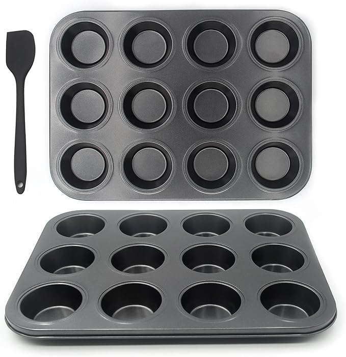Bakexcel Non-Stick Muffin Pans, 12-Cup Standard Baking Pans Set of 2 with a Scraper for Perfect Muffins & Cupcakes