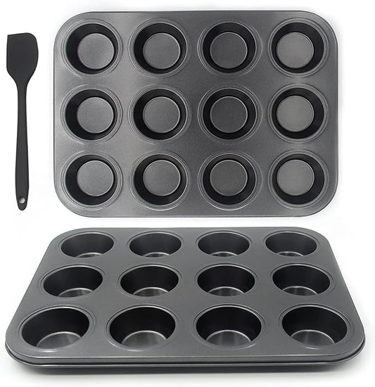 Bakexcel Non-Stick Muffin Pans, 12-Cup Standard Baking Pans Set of 2 with a Scraper for Perfect Muffins & Cupcakes
