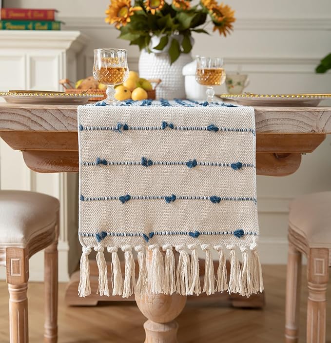 Caflife Boho Table Runner 90 Inchs Long for Modern Farmhouse Room Home Decor, Blue and Beige Coffee Table Runner, Natural Cotton Woven with Tassels Neutral, for Kitchen Dining Table Decor