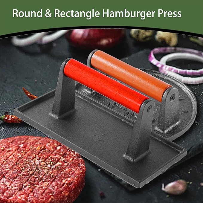 Burger Press with Professional Heavy Duty Cast Iron for Blackstone Griddle Grill,Smashburger, Bacon, Ground Beef Meat, Steak, Sausage, Sandwich Cooking, 8.6x4.3 inch Rectangle