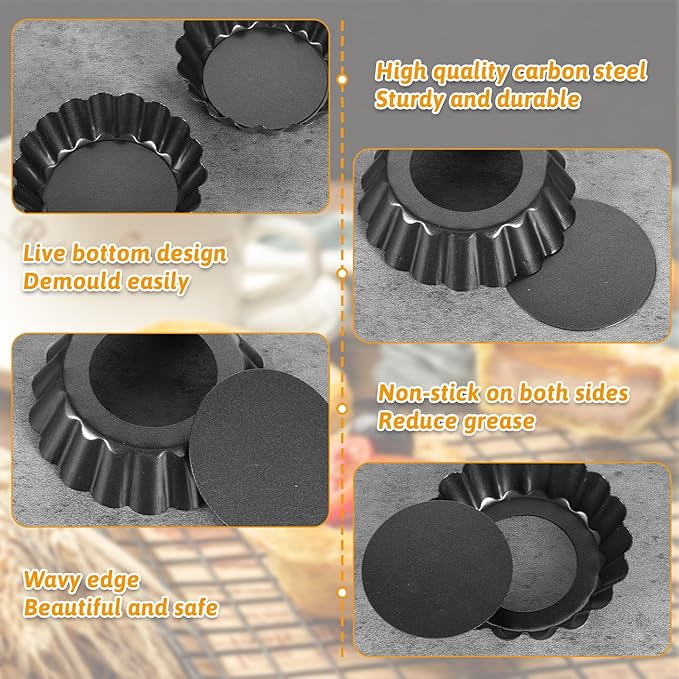 16 Pcs Mini Tart Pans Egg Tart Molds with Removable Bottom Round Nonstick Quiche Pan Mini Pie Pans Small Bakeware Mold Fluted Side for Mousse Cake Dessert Baking (3 Inch, Dark Gray)