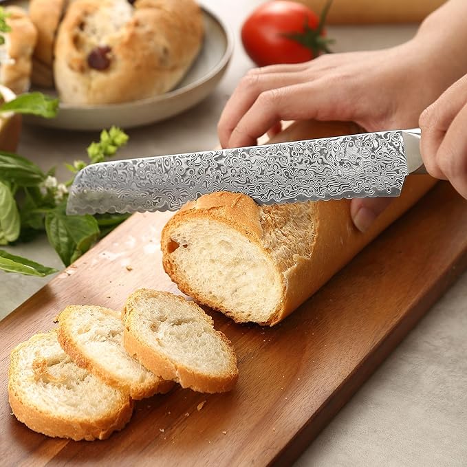 zayiko Black Edition Bread knife 8-inch blade extremely sharp from 67 layers I Damascus kitchen knives and professional chef's knives made of genuine Japanese Damascus with Pakka wood