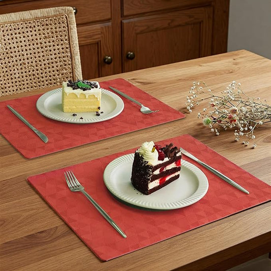 Jovono Faux Leather Placemats Set of 8, 17.8"x11.8", Waterproof & Oil-Proof Table Mats, Easy-Clean Washable Kitchen Place Mats for Dining Table, Fabric Texture, Red Mat