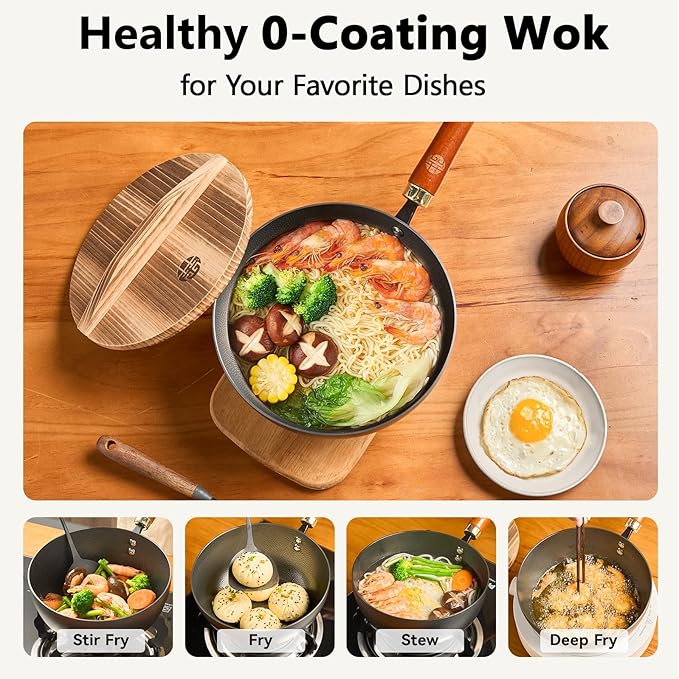 WANGYUANJI Carbon Steel Wok with Lid, 8.7" Small Mini Wok Pan, Thickened Heavy Duty Flat Bottom for Deep Frying, Camping & Solo Meals, Induction Ready, Seasoning Required