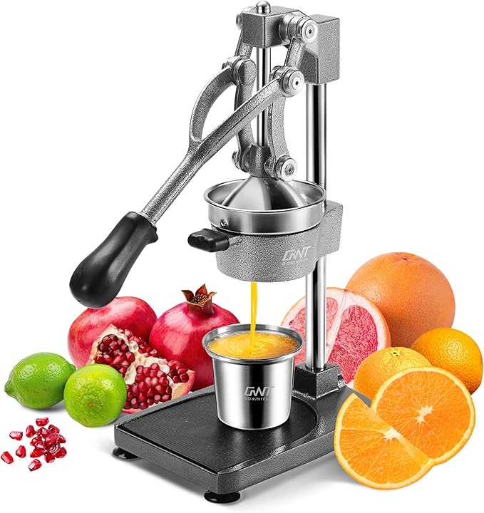 18 Inch Height Commercial Heavy Duty Cast Iron Hand Press Manual Orange Citrus Lemon Lime Grapefruit Pomegranate Fruit Juice Squeezer Machine with Stainless Steel Cup and Durable Base Grey