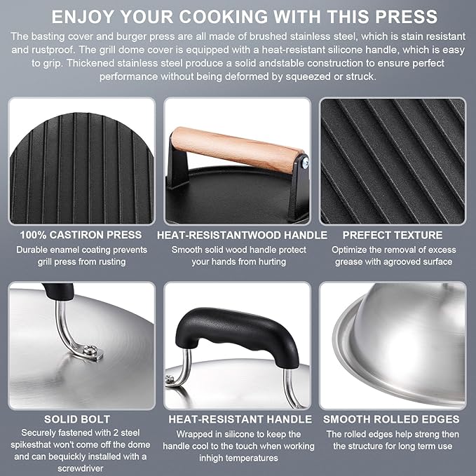 Smash Burger Press Kit, 7” Cast Iron Smash Burger Press with 12.5” Stainless Steel Griddle Dome & Burger Patty Papers, Heavy Duty Griddle Accessories for Family Cooking & Outdoor Grilling