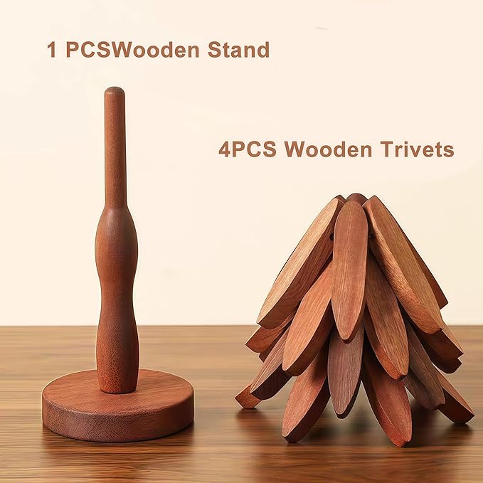 Foldable Kitchen Wooden Trivet Wooden Trivets for Hot Dishes, Tree Shape Trivet Set, 4 Walnut Wood 1 Stand stored Like a Christmas Tree,for Hot Pot Holder, Teapot, Bowl, Hot Dishes (Walnut Wood)