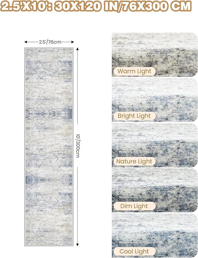 Kitchen Runner Rugs Non Skid Washable - 2.5 x 10 Runner Rug with Anti Slip Backing, Ultra-Thin Soft Rug Runner for Hallway, Bedroom, Living Room (2.5'x10', Blue/Brown/Ivory)