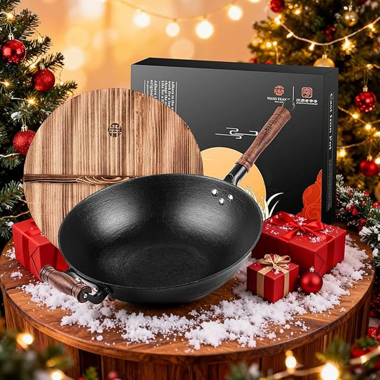 WANGYUANJI Cast Iron Wok Pan 12 inch Flat Bottom with Wooden Handle and Lid, Large Wok Stir Fry Pan Suitable for All Cooktops, Chinese wok with Free Dishcloth and Brush