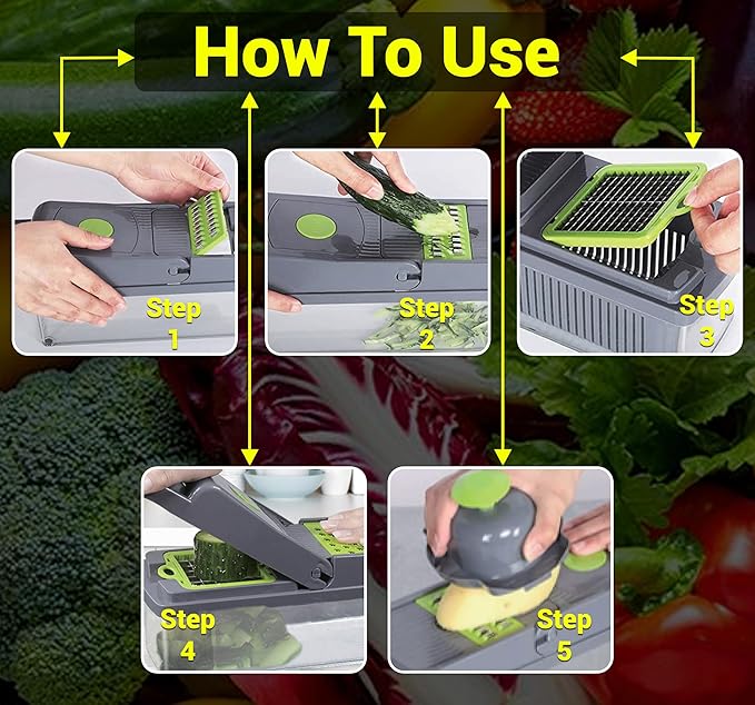 NEEZ Vegetable Chopper 15 in 1 – Multifunctional Mandoline Slicer Dicer, Cutter & Grater for Onion, Potato, Salad & Garlic with Drain Basket Container (Black and Green)