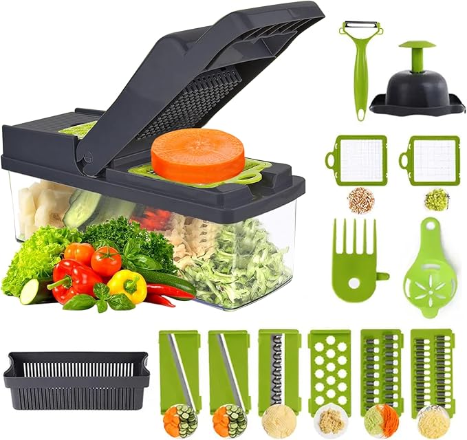 NEEZ Vegetable Chopper 15 in 1 – Multifunctional Mandoline Slicer Dicer, Cutter & Grater for Onion, Potato, Salad & Garlic with Drain Basket Container (Black and Green)