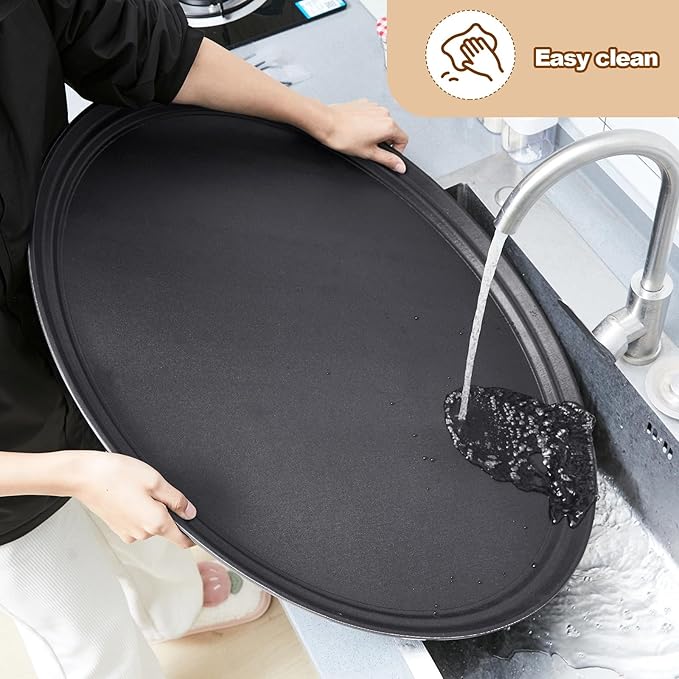 2 Pcs Restaurant Serving Trays PP Plastic Non Slip Rubber Lined Large Oval Tray for Kitchen Dining Room Cafeterias Fast Food Service (24 x 29 Inch,Black)