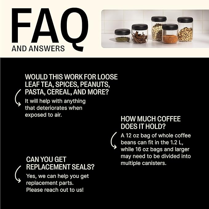 Fellow Atmos Vacuum Coffee Canister & Food Storage Container - 1.2 Liter Canister holds up to 16 oz of Coffee Beans - Airtight Food Storage Containers - Coffee Containers - 1.2 Liter - Clear Glass