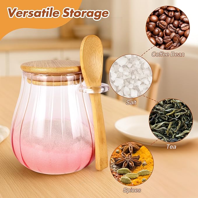 Arrozon 15 oz Pink Sugar Bowl with Bamboo Lid and Spoon,Pink Kitchen Decor and Accessories,Glass Jar with Airtight Lid, Brown Sugar Keeper, Sugar Container for Coffee Bar and office