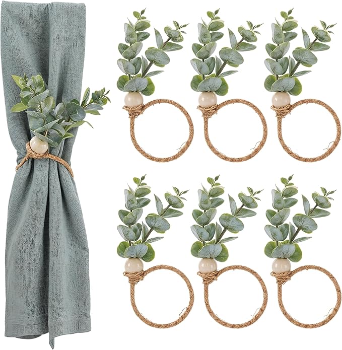 Amabro Napkin Rings Set of 6, Rustic Farmhouse Boho Green Leaf Eucalyptus Wood Bead Napkin Rings Holder for Fall Spring Thanksgiving Christmas Easter Weddings Table Decor