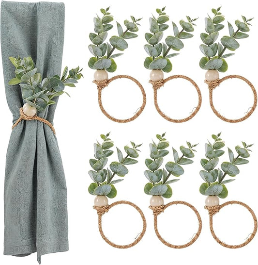 Amabro Napkin Rings Set of 6, Rustic Farmhouse Boho Green Leaf Eucalyptus Wood Bead Napkin Rings Holder for Fall Spring Thanksgiving Christmas Easter Weddings Table Decor