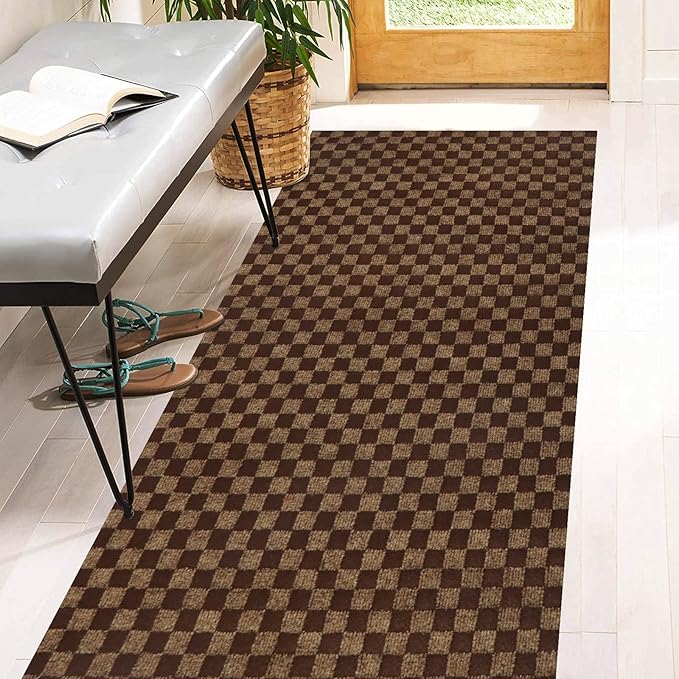 3' x 55' Runner Rugs with Rubber Backing, Indoor Outdoor Utility Carpet Runner Rugs, Checkered Brown, Can Be Used as Aisle for The RV and Boat, Laundry Room and Balcony