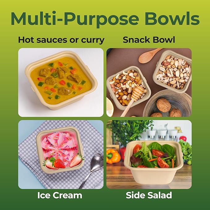 Dtocs Bamboo Fiber Disposable Bowls – 32 Oz, 50 Pk | Bamboo Square Bowl | Microwavable Bagasse Bowl like Soup, Cake, Salsa, Salad bowls | Disposable Dinnerware Sub Paper, Plastic, Styrofoam, Leaf
