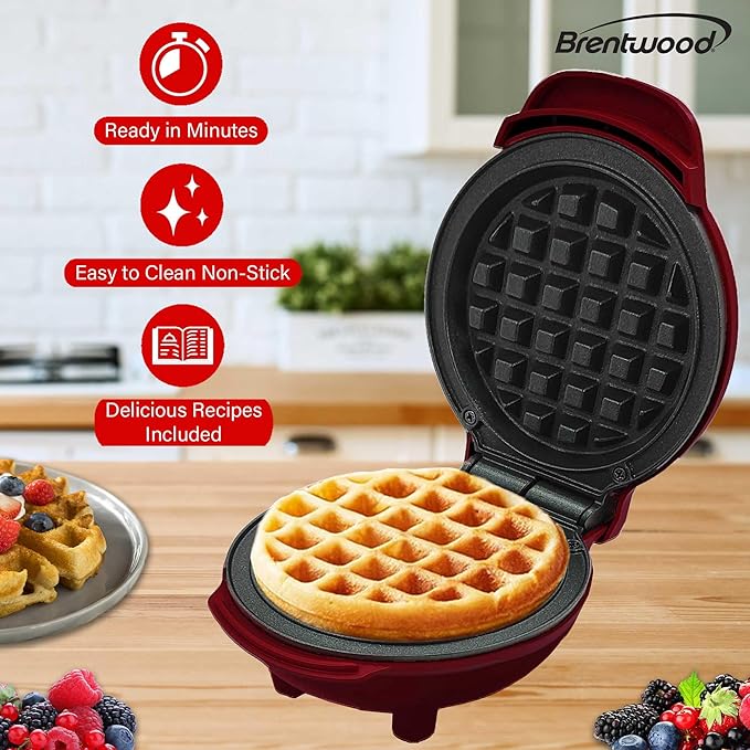 Brentwood 5” Non-Stick Mini Maker for Waffles, Keto Chaffles, Hash Browns, and More (Red)