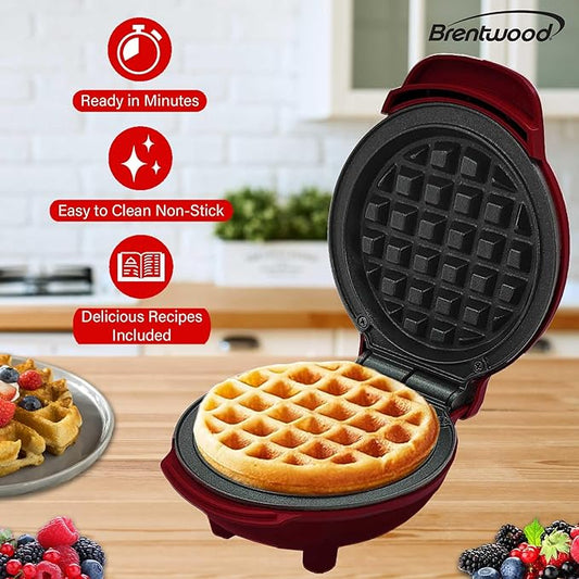 Brentwood 5” Non-Stick Mini Maker for Waffles, Keto Chaffles, Hash Browns, and More (Red)