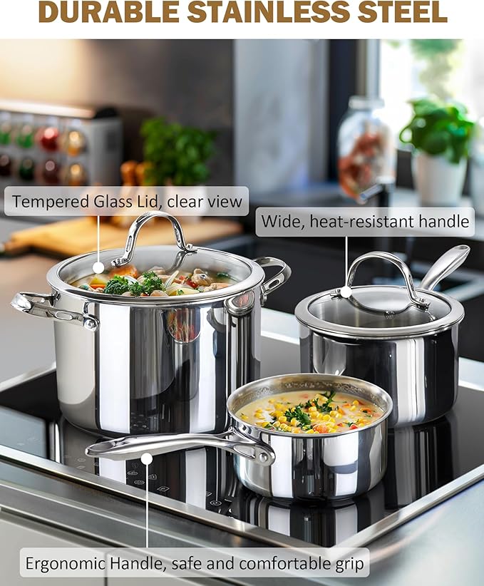Cooks Standard Stainless Steel Saucepan Set 1.5 and 3 Quart, Multi-Ply Clad Sauce Pot With Glass Lid, Silver
