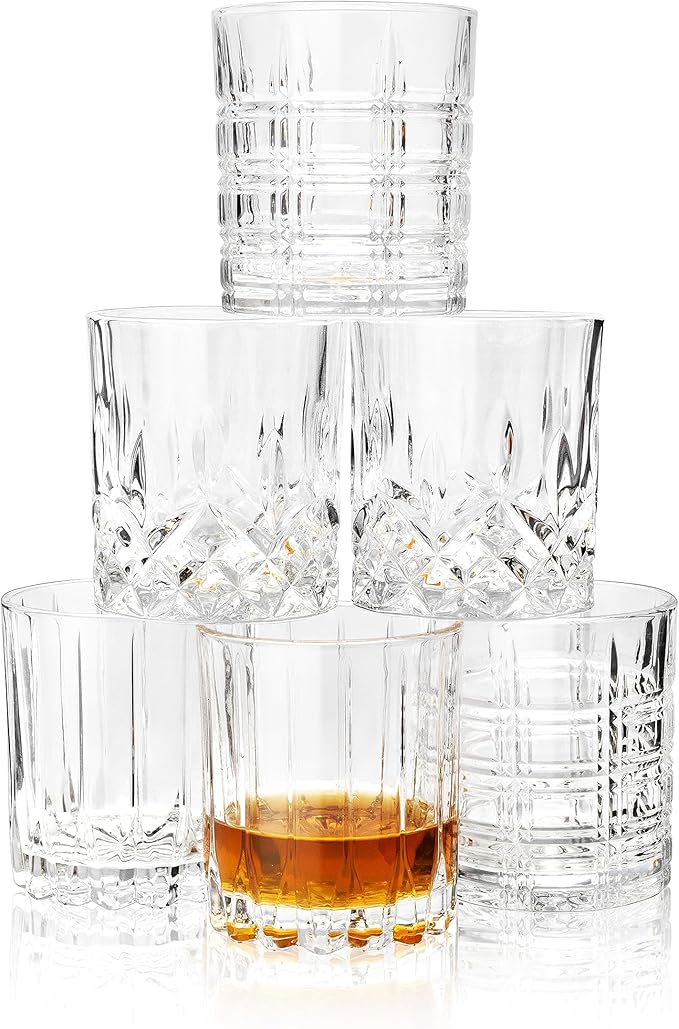 KANARS Whiskey Glasses Mixed, 10 Oz Scotch Glasses Set of 6, Rock Bar Tumblers 3 Patterns in Luxury Gift Box for Birthday, Anniversary, Housewarming and Wedding