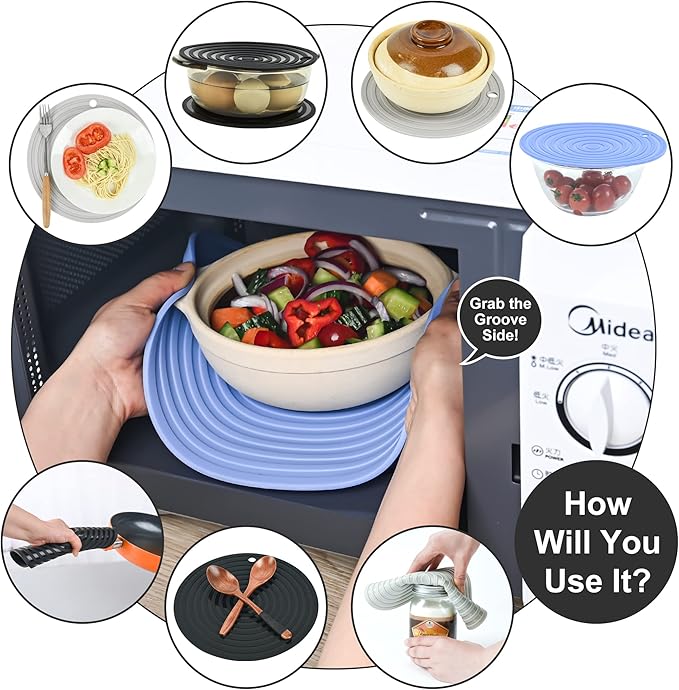 Silicone Trivets Mats for Pots and Pans, Heat Resistant Pot Holders, Flexible Hot Pads for Kitchen Table, Non Slip Mats, Dia11.81 and 9.45 Inches Big Round Microwave Mats Pack 3 Light Gray