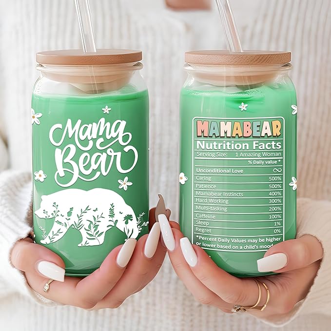 Gifts for Mom - Mama Bear 16 Oz Iced Coffee Cup with Lid and Straw Mom Glass Tumbler Mothers Day Travel Mugs Birthday Valentine Anniversary Christmas Thank You Gift for Women Mum Wife Coworkers