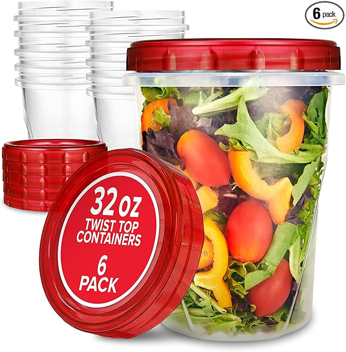 Stock Your Home 32oz Plastic Containers with Red Twist Top Lids (6 Pack) – Quart Freezer Containers for Leftovers, Airtight Reusable Soup Storage, Microwave & Dishwasher Safe