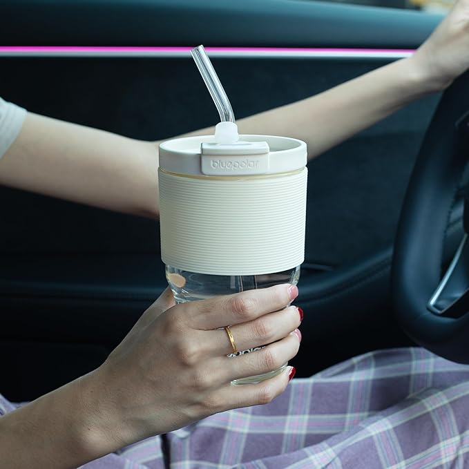 Glass Tumbler Set with Lids and Straws, 17 oz Reusable Cups for Iced Coffee, Cold Brew, Tea, Smoothie (White with Sleeve)