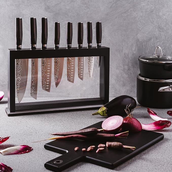 Cuisine::pro Damashiro Emperor Knife Block (Hisa, 9 Piece Set) Premium Japanese Steel Chef Knife Set with Tempered Glass Display, Hammered Tsuchime Blade, Damascus-Inspired Pattern