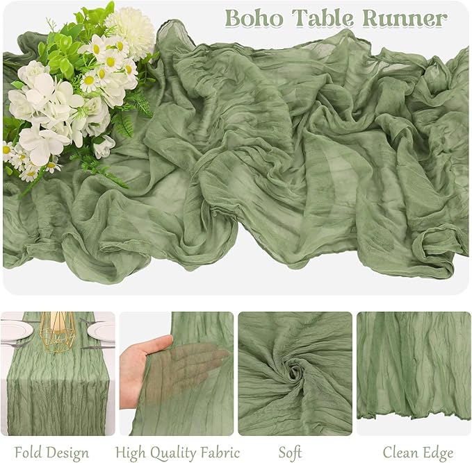 10 Pack Sage Green Cheesecloth Table Runner 6FT Boho Gauze Fabric Table Runner Vintage Rustic Sheer Runners for Wedding Party Bridal Baby Shower Long Table Decorations